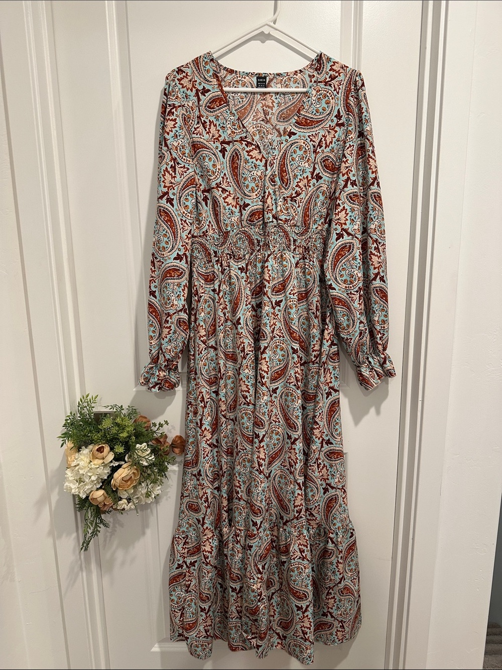 Paisley V-Neck Long Sleeve Maxi Dress in Light Blue and Brown